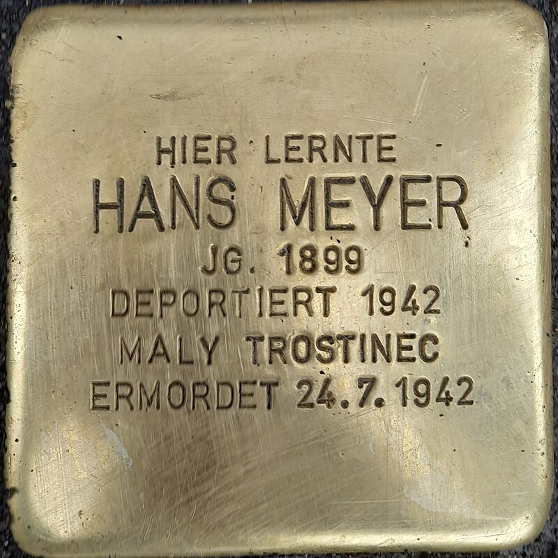 Hans Meyer Hans Meyer wurde am 8.9.1899 geboren,, die Familie lebte in der Glockengasse 72, wo der Vater wahrscheinlich auch seine Metzgerei hatte. Nach dem Besuch der Kreuzgasse wurde Hans Viehkommissionär, also Viehhändler.1940 heiratete Hans Irmgard Karola Haas aus Essen. Am 9.7.1941 wurde ihre Tochter Reha Meyer in Köln-Ehrenfeld geboren. Hans, Irmgard und die kleine Reha wurde wahrscheinlich Anfang 1942 in das Lager Bardenberg deportiert, danach zurück nach Köln in das Fort Müngersdorf, um am 20. Juli 1942 mit 1163 weiteren jüdischen Deutschen aus Köln und der Umgebung in das Vernichtungslager Maly Trostenez verschleppt zu werden, wo sie sofort nach der Ankunft ermordet wurden, wahrscheinlich erschossen.